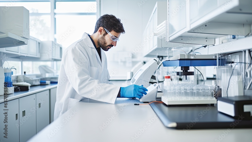 Scientist working in a lab with a pipette and test tubes