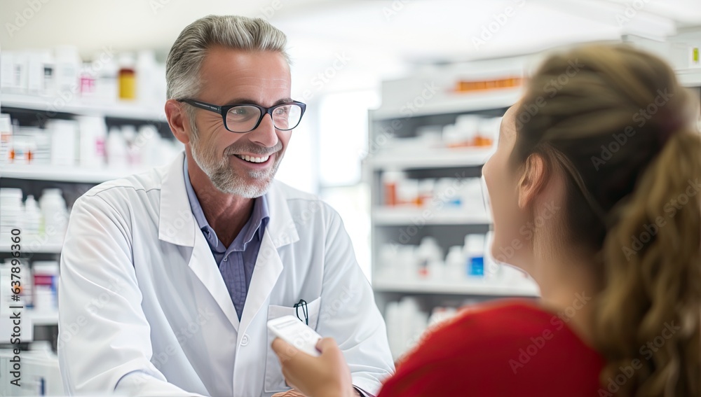 Portrait of smiling male pharmacist showing medicine to customer in pharmacy