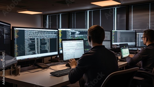 Programmers working on computers in a software developing company office late at night