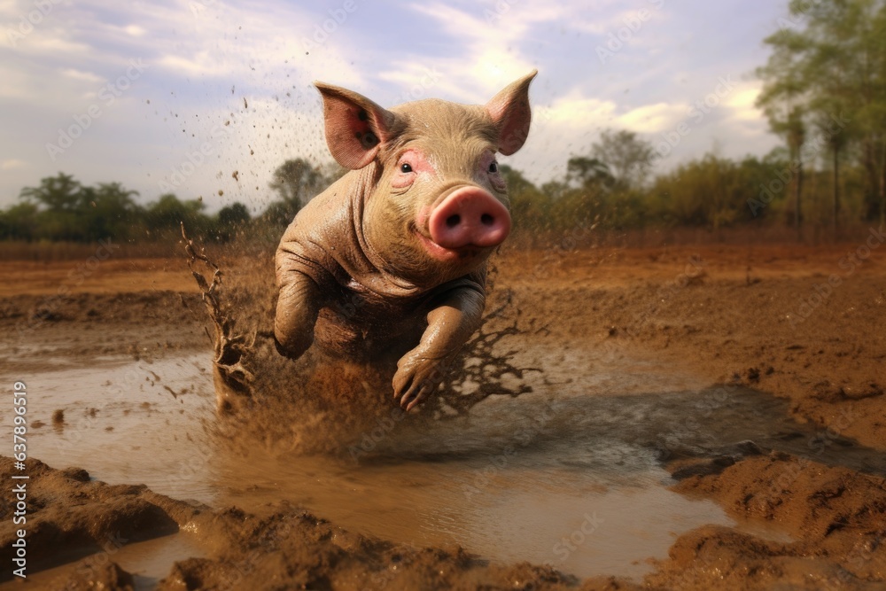 Fototapeta premium pig splashing mud while running through a puddle