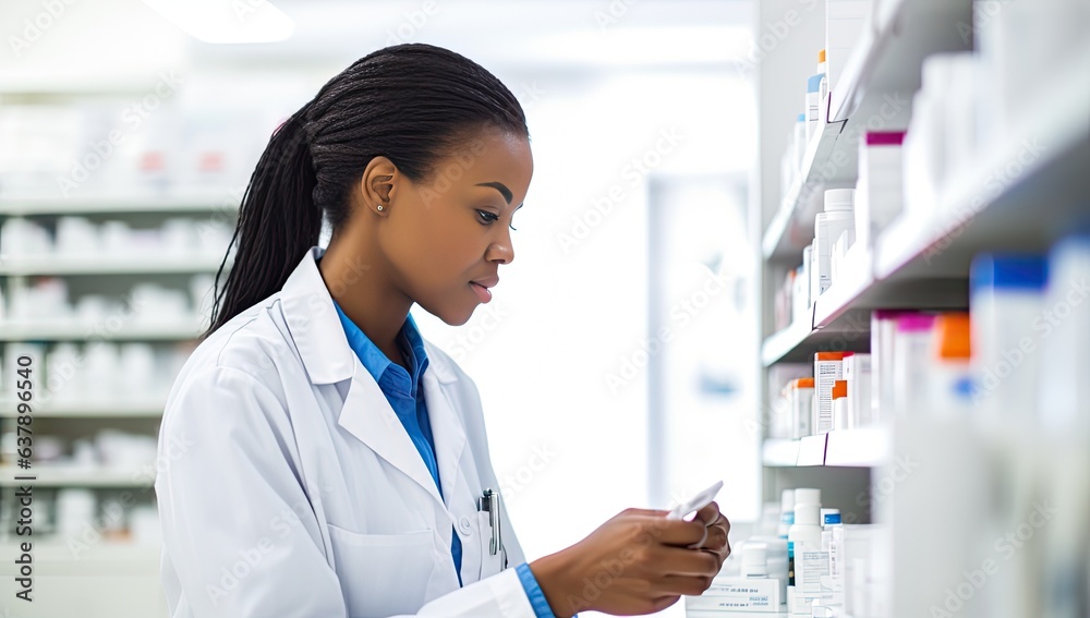 african american pharmacist in pharmacy drugstore