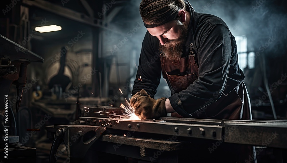 A welder at work in a workshop. Metalworking industry.