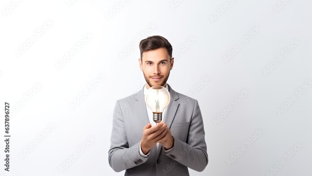 Portrait of a young businessman in a suit holding a light bulb