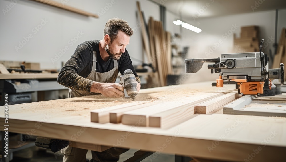Carpenter working on his craft in a carpentry workshop. Carpenter working on his craft in a carpentry workshop.