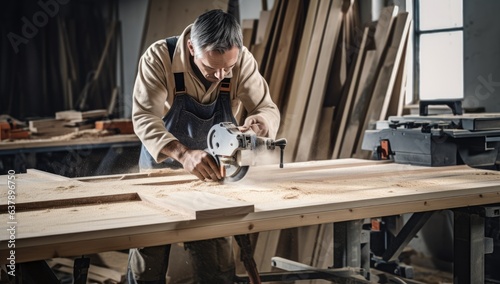 carpenter working with a circular saw in a carpentry workshop