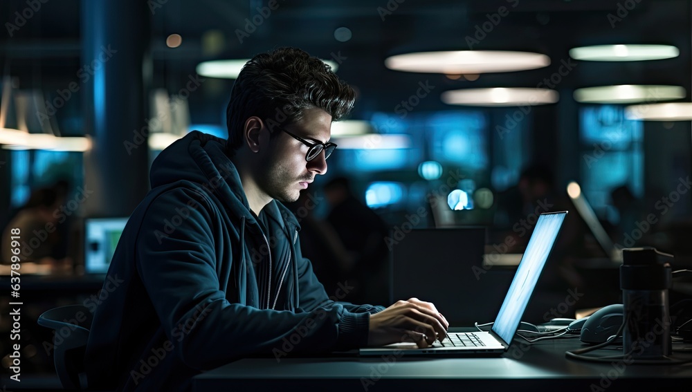 Young man working late at night in a dark office using a laptop computer