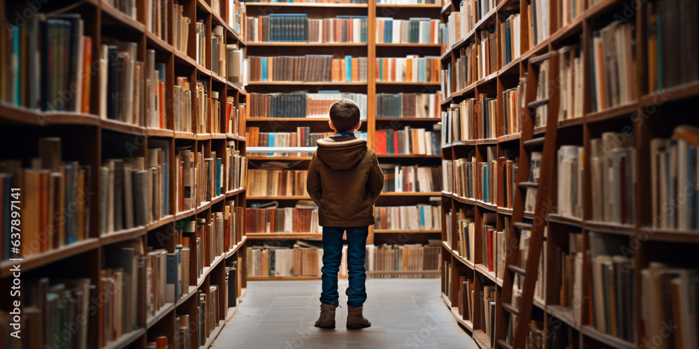 A child among the librarys shelves. Generative AI A child among the librarys shelves. Generative AI