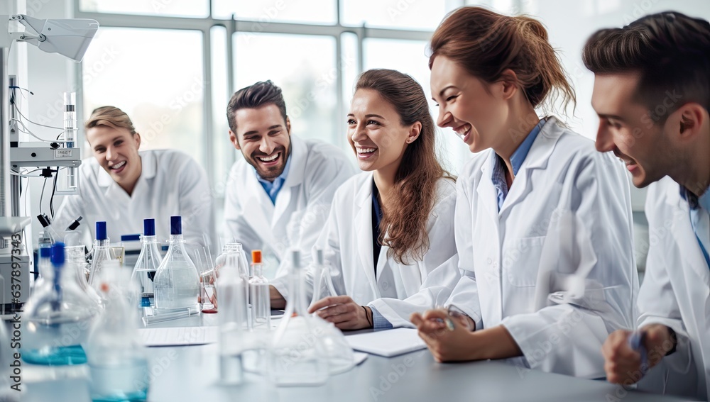 group of happy scientists working in lab with test tubes group of happy scientists working in lab with test tubes