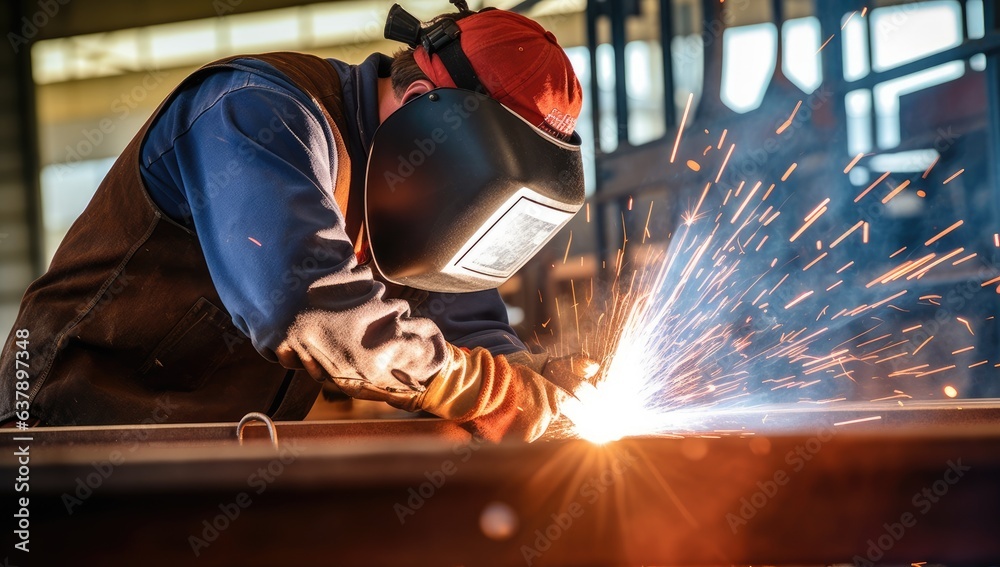 Welder working with arc welding machine to weld steel at factory. Welder working with arc welding machine to weld steel at factory.