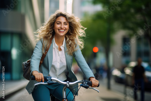 Cheerful business woman riding a bike to work in the city © AI_images