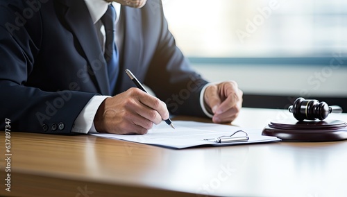 Male lawyer working with contract papers in courtroom. Law and justice concept.