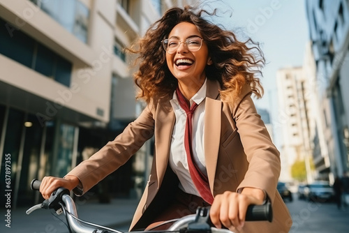 Cheerful business woman riding a bike to work in the city