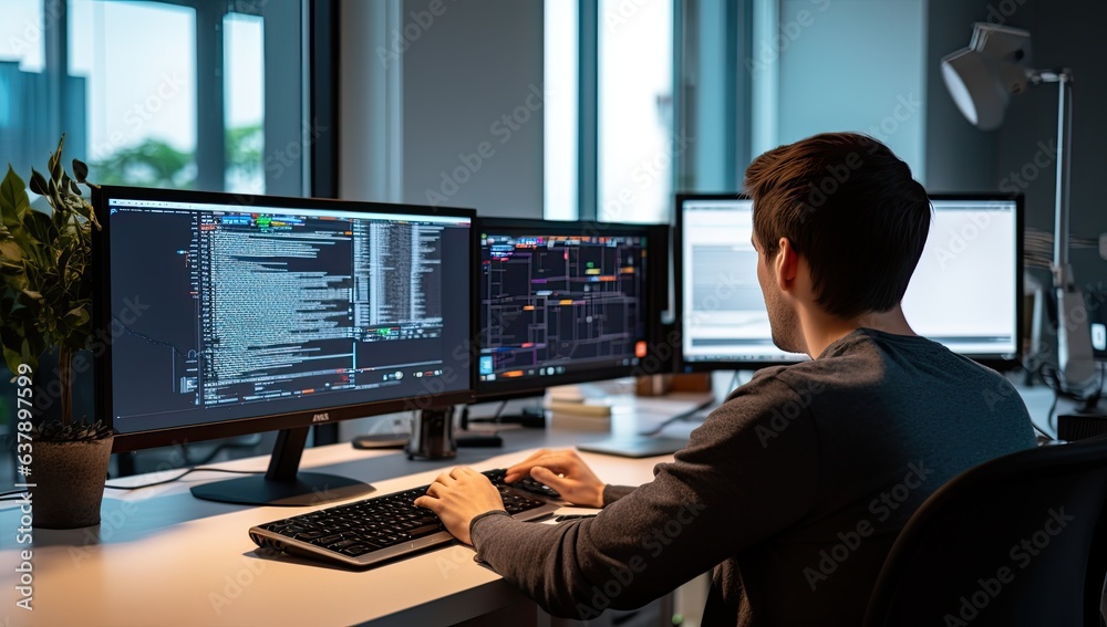 Side view of young businessman working on multiple computer screens while sitting in office Side view of young businessman working on multiple computer screens while sitting in office