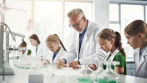 group of children and teacher with test tubes in chemistry class at school