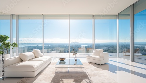 Luxury living room with panoramic window overlooking the city © Meow Creations