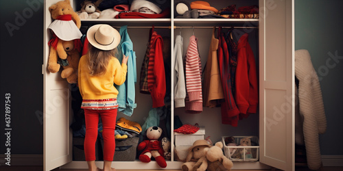 A child playing dress-up in their parents closet.   photo