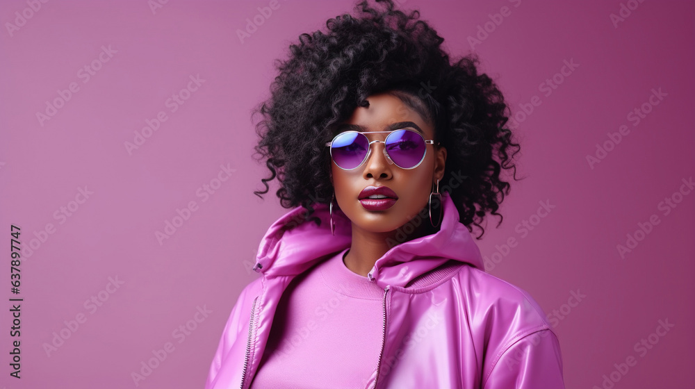 Fashion young african girl black woman wear stylish pink glasses clothes looking at camera isolated on party purple studio background Fashion young african girl black woman wear stylish pink glasses clothes looking at camera isolated on party purple studio background