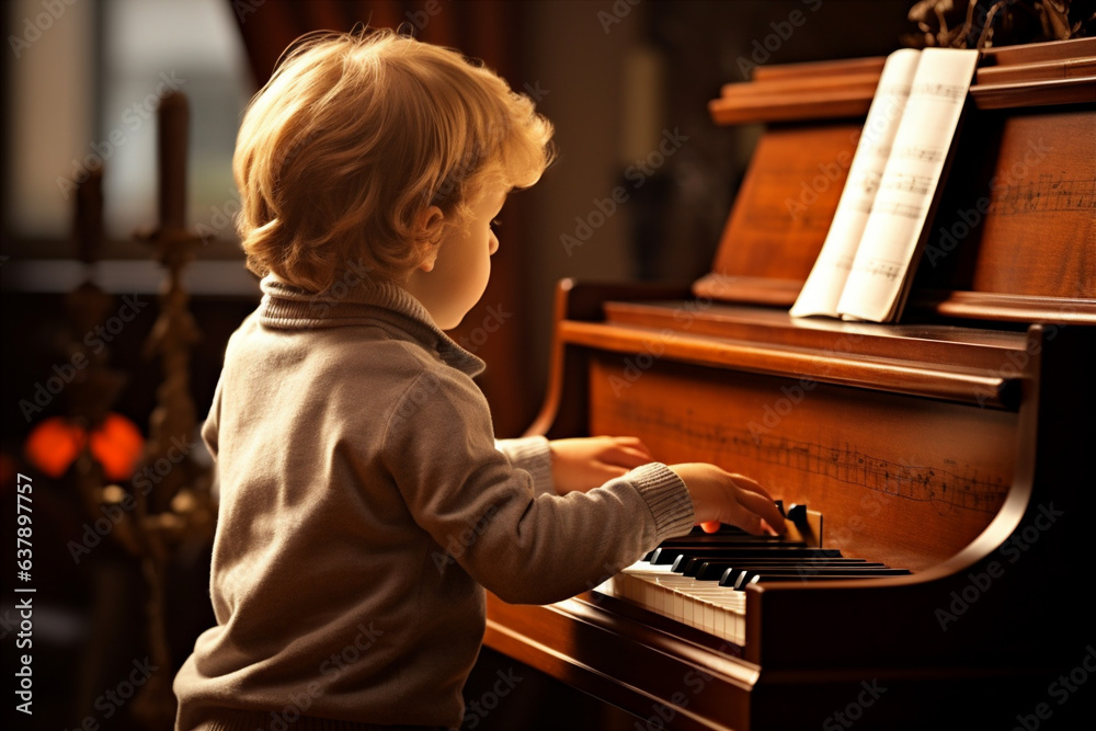A Child Learning How To Play a Musical Instrument..   - obrazy, fototapety, plakaty 