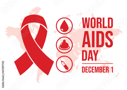 World AIDS Day on 1 December poster vector illustration. Red hiv aids awareness ribbon and medical symbols icon set vector. December 1 every year. Important day