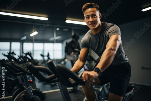 Cycling for wellbeing: Young man smashing cardio goals with exercise bike © AI_images