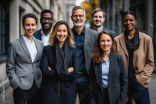 Diverse businesspeople standing together against a wall