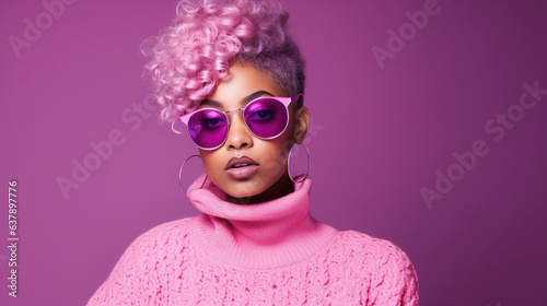 Fashion young african girl black woman wear stylish pink glasses clothes looking at camera isolated on party purple studio background © AI_images