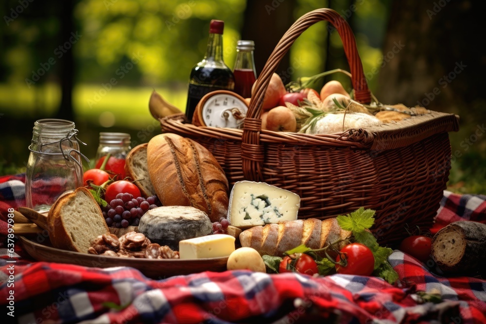 picnic basket with fresh bread and cheese