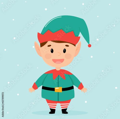 Christmas elf in a green suit on a blue background