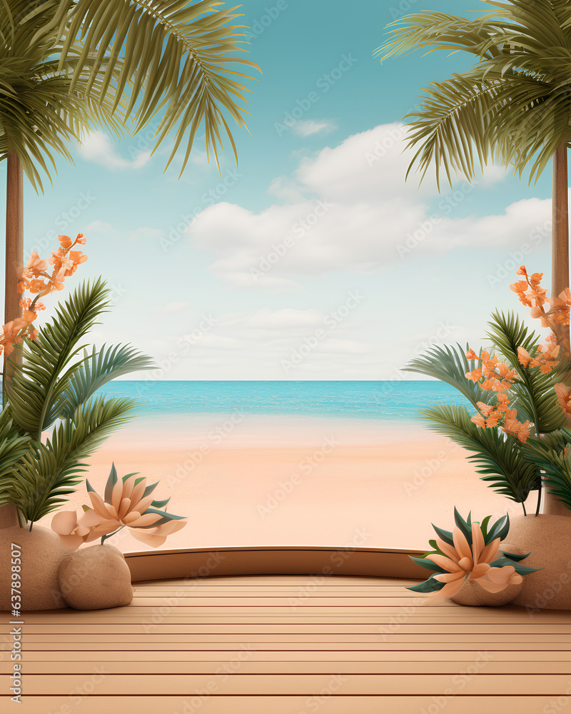 3D rendering summer product display podium with sea and sky blue background 3D rendering summer product display podium with sea and sky blue background