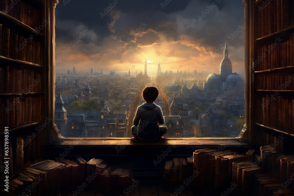 The child sits on the window sill of the library and looks at the wonderful world.  