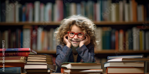 A child among the librarys shelves. 
