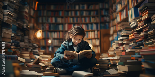 A child among the librarys shelves.   photo