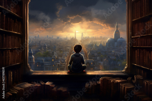 The child sits on the window sill of the library and looks at the wonderful world. 