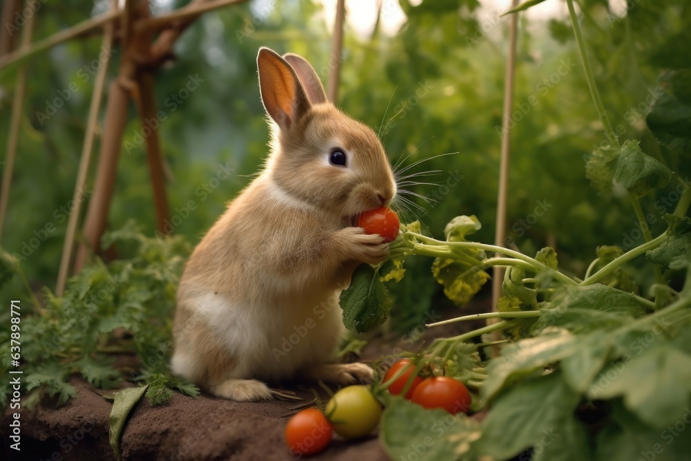 Fototapeta premium rabbit chewing carrot in a garden setting