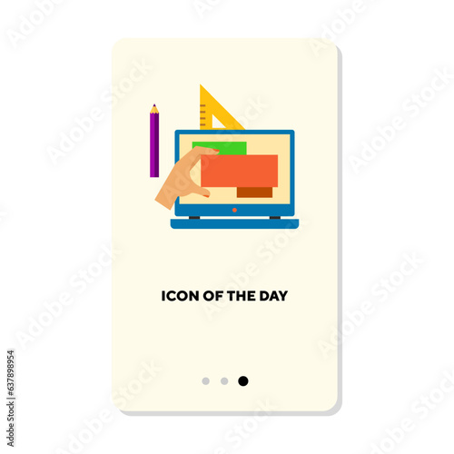 Laptop with design programming on white background. Making draft cartoon illustration. Engineering, architecture concept. Vector illustration symbol elements for web design and apps