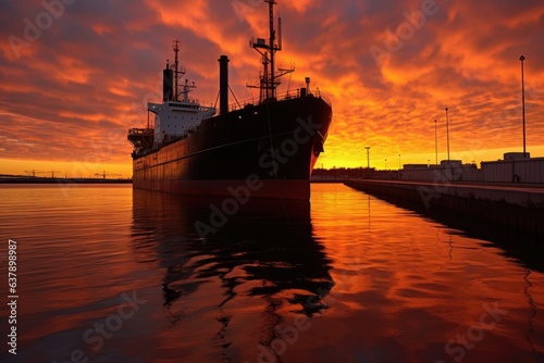 sunset silhouette of cargo ship and fuel storage tanks