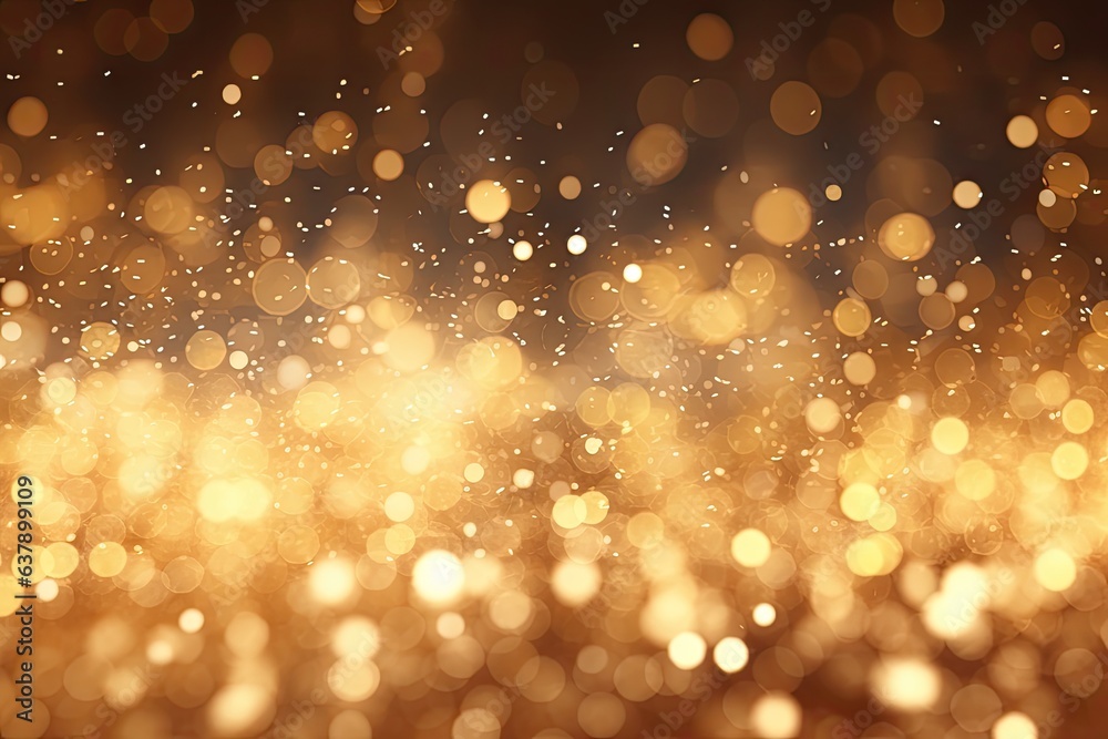 Gold bokeh light background, Christmas glowing bokeh confetti and sparkle texture overlay for your design. Sparkling gold dust abstract golden luxury decoration background.
