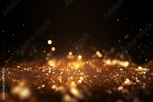 Gold bokeh light background, Christmas glowing bokeh confetti and sparkle texture overlay for your design. Sparkling gold dust abstract golden luxury decoration background.