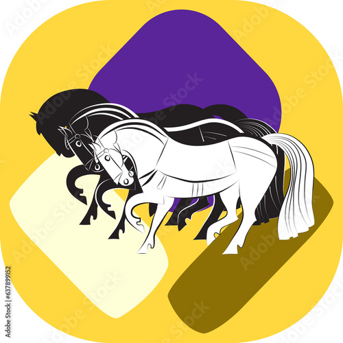 Black and white saddled stallions in one harness