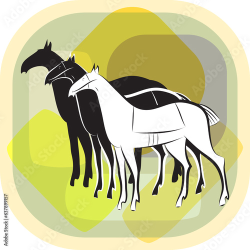 Three black and white running horses silhouettes