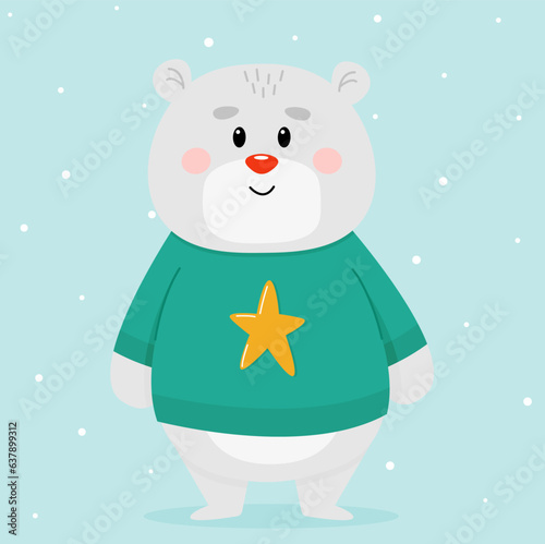 White teddy bear in a Christmas sweater on a blue background
