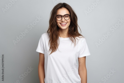 attractive female with brown hair smiling on plain bluey grey background photo