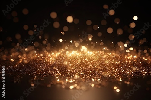 Gold bokeh light background, Christmas glowing bokeh confetti and sparkle texture overlay for your design. Sparkling gold dust abstract golden luxury decoration background.