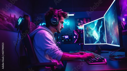 In headphones. Handsome gamer guy is sitting by his pc. Beautiful illustration picture. Generative AI