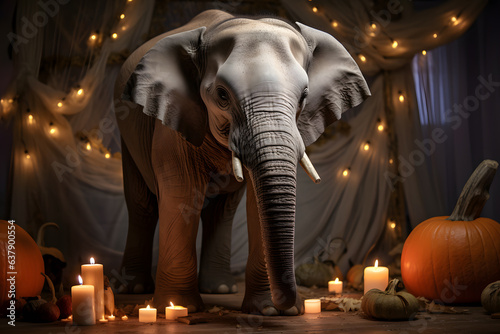 Spooky portrait of an elephant in a Halloween setup in studio, dramatic lighting. Created with generative AI