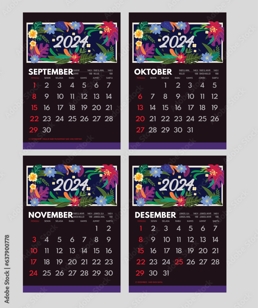 Indonesian Desk Calendar 2024, September Desember 2024 template set