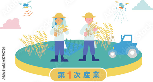 1次産業の米農家に従事する男性女性のイラスト（フラット）