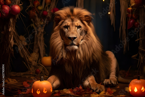 Spooky portrait of a lion in a Halloween setup in studio, dramatic lighting. Created with generative AI