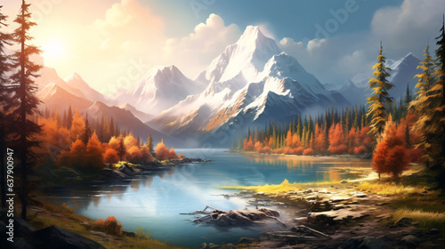 Riverbank in Autumn Hues, Fantasy Landscape.Generative AI