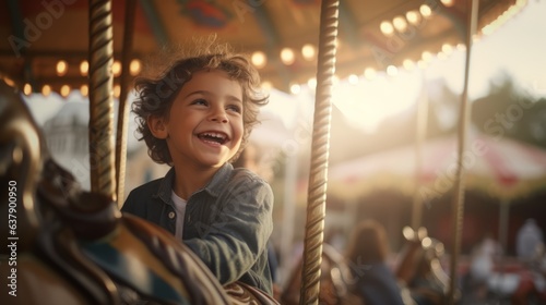 Joyful boy rides a carousel. Beautiful illustration picture. Generative AI © standret